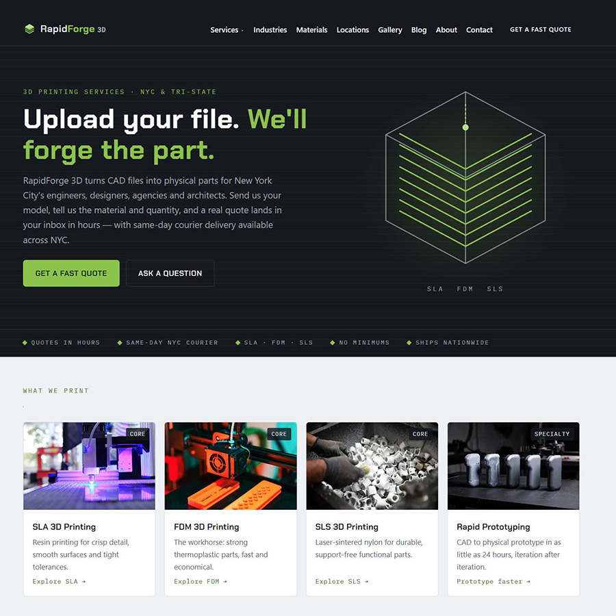 Square crop of the RapidForge3D.com home page, hero and services grid, shown on Boheema's web design portfolio