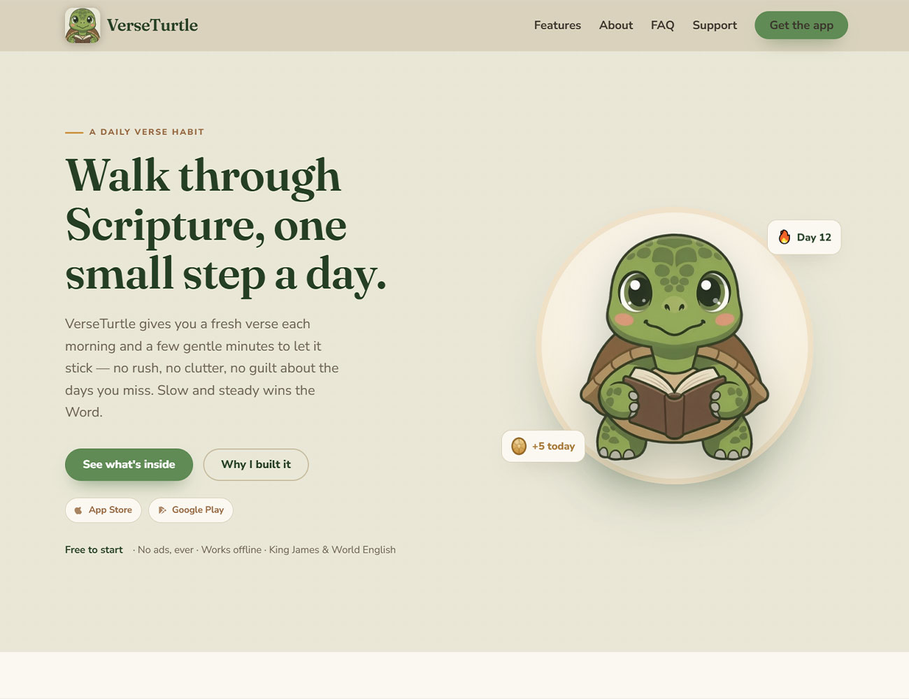 VerseTurtle website homepage featuring the turtle mascot and a daily Bible verse