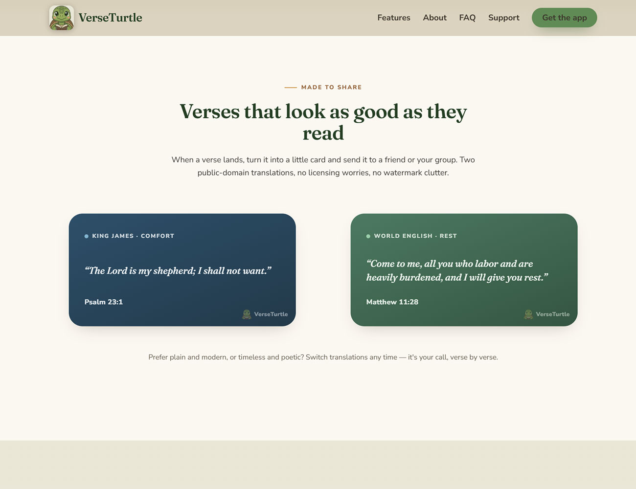 Close-up of the VerseTurtle app interface with a scripture passage