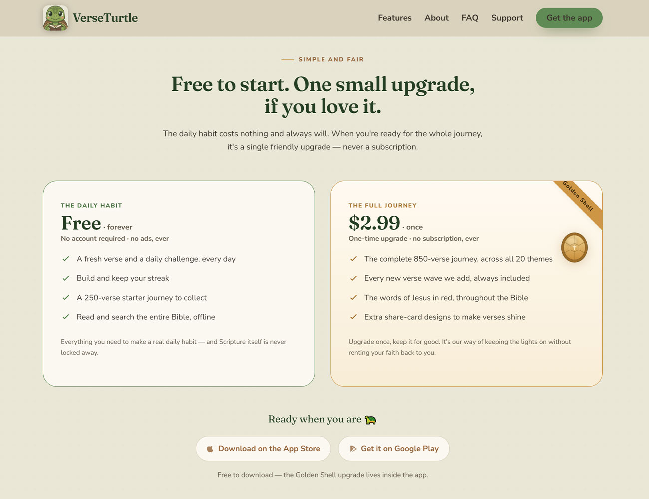 VerseTurtle website section describing how the daily verse habit works