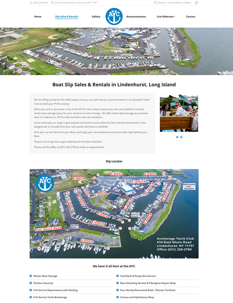 Screenshot of AnchorageYC.com's boat slips and rentals page for Boheema.com’s web design portfolio