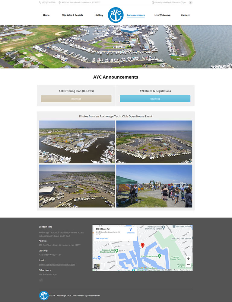 AnchorageYC.com's Announcement page - screenshot for Boheema.com’s web design portfolio