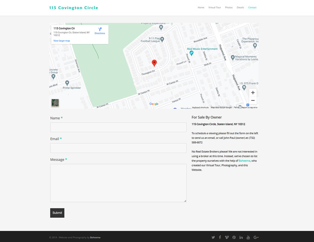 Screenshot of 115Covington.com's contact page for Boheema.com’s web design portfolio