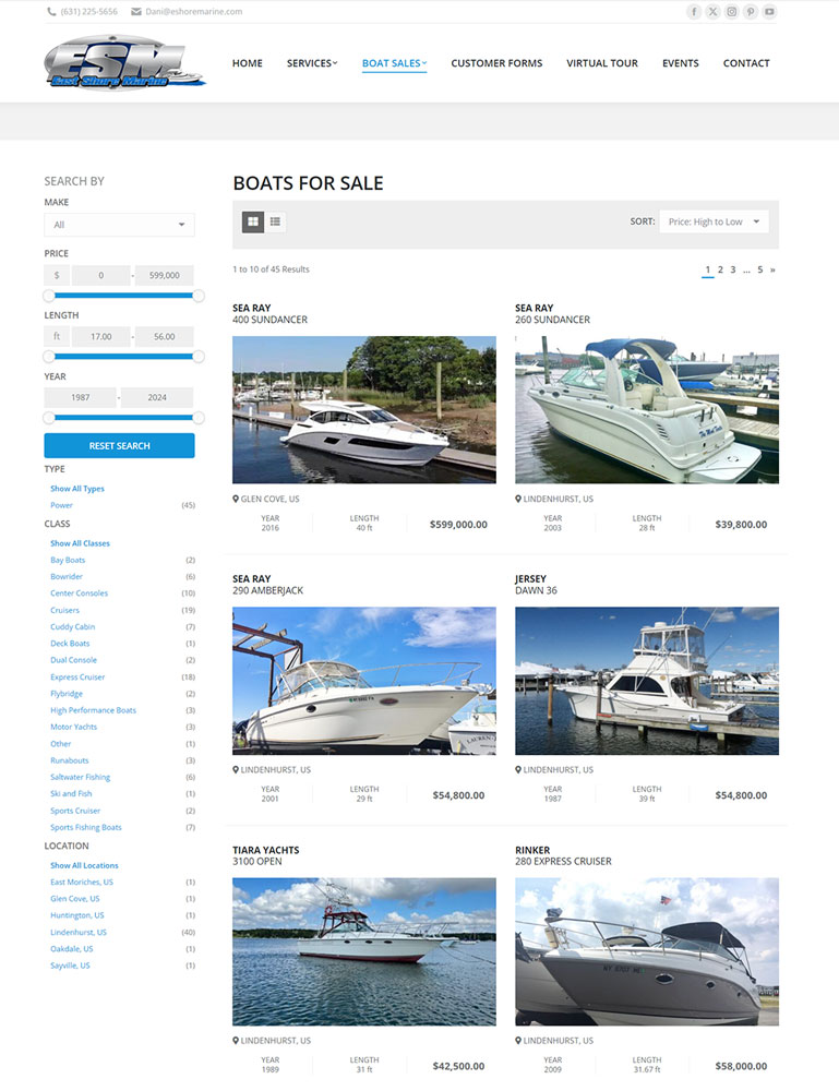 Screenshot of Eastshoremarineny.com's boat sales page for Boheema.com’s web design portfolio