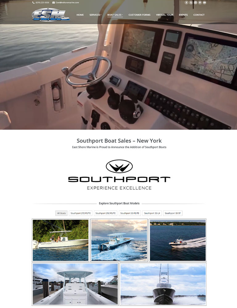 Screenshot of Eastshoremarineny.com's Southport boat sales page for Boheema.com’s web design portfolio