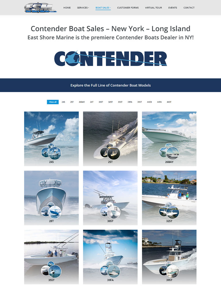 Screenshot of Eastshoremarineny.com's Contender Boats page for Boheema.com’s web design portfolio