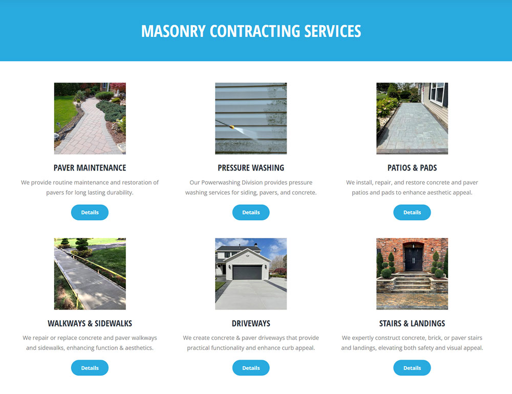 Screen grab of the masonry services page for FiveStarMason.com to be used on Boheema's web design portfolio page