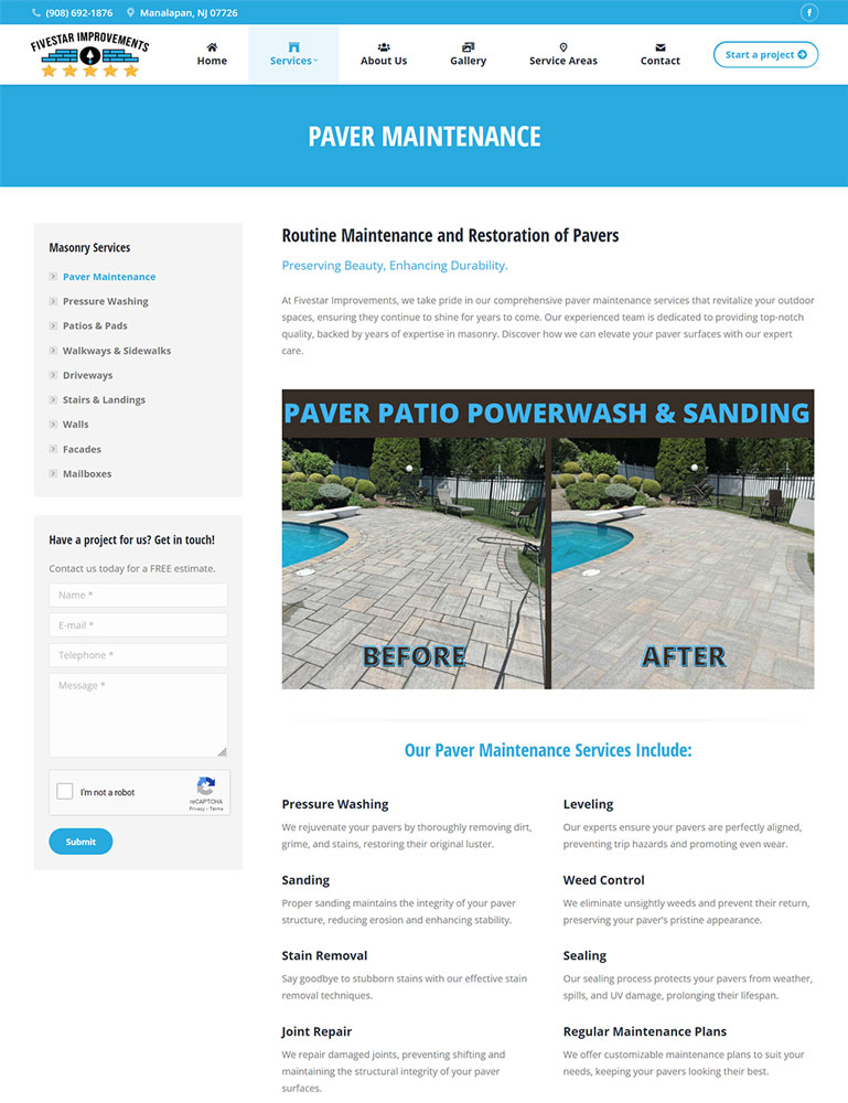 Screenshot of the paver maintenance page on FiveStarMason.com for Boheema.com’s web design portfolio