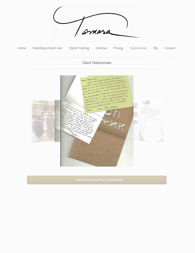 Screenshot of TamaraNewYork.com's testimonials page for Boheema.com’s web design portfolio