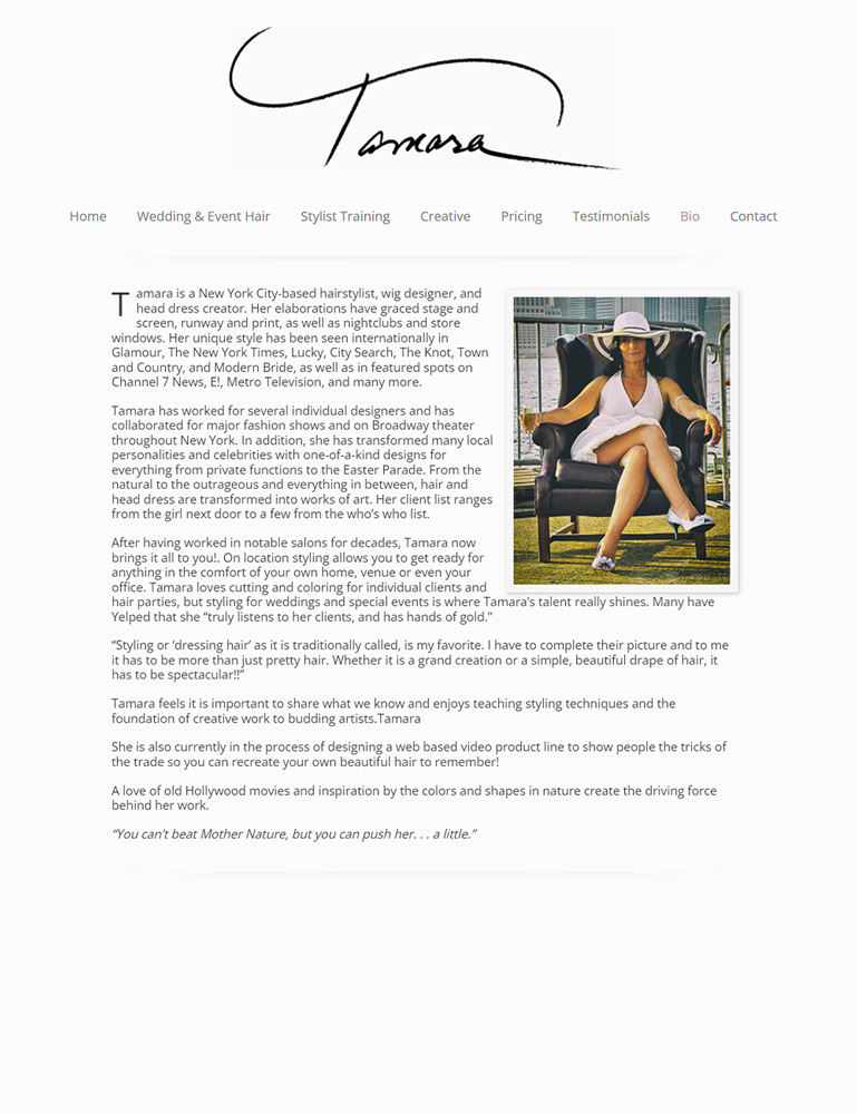 Screenshot of TamaraNewYork.com's bio page for Boheema.com’s web design portfolio