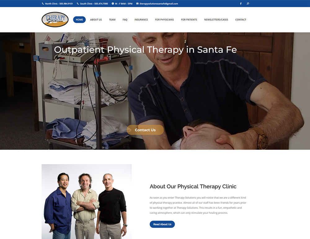 Screenshot of Therapysolutionssantafe.com’s home page for Boheema.com’s web design portfolio