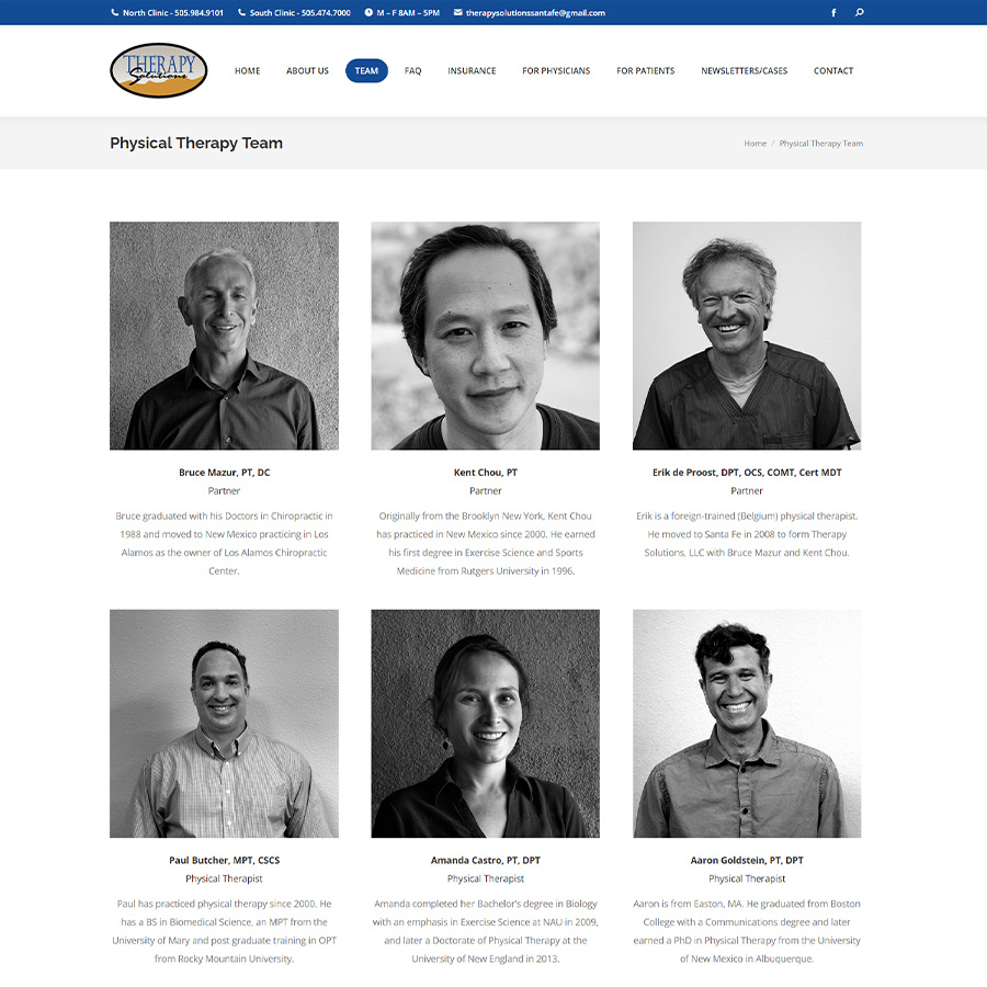 Screenshot of Therapysolutionssantafe.com’s team page for Boheema.com’s web design portfolio