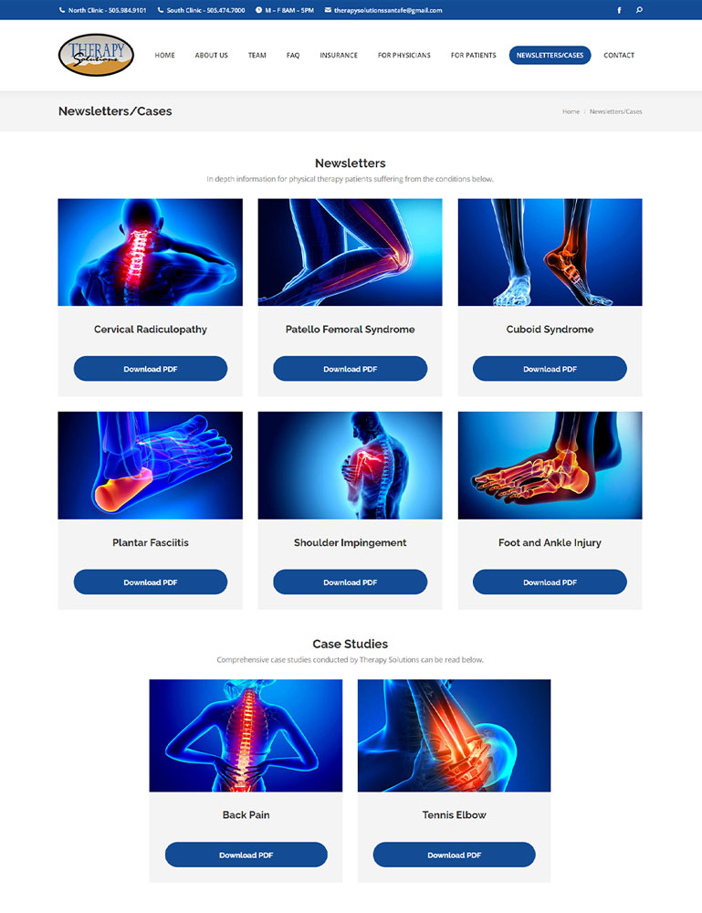 Screenshot of Therapysolutionssantafe.com's newsletter page for Boheema.com’s web design portfolio