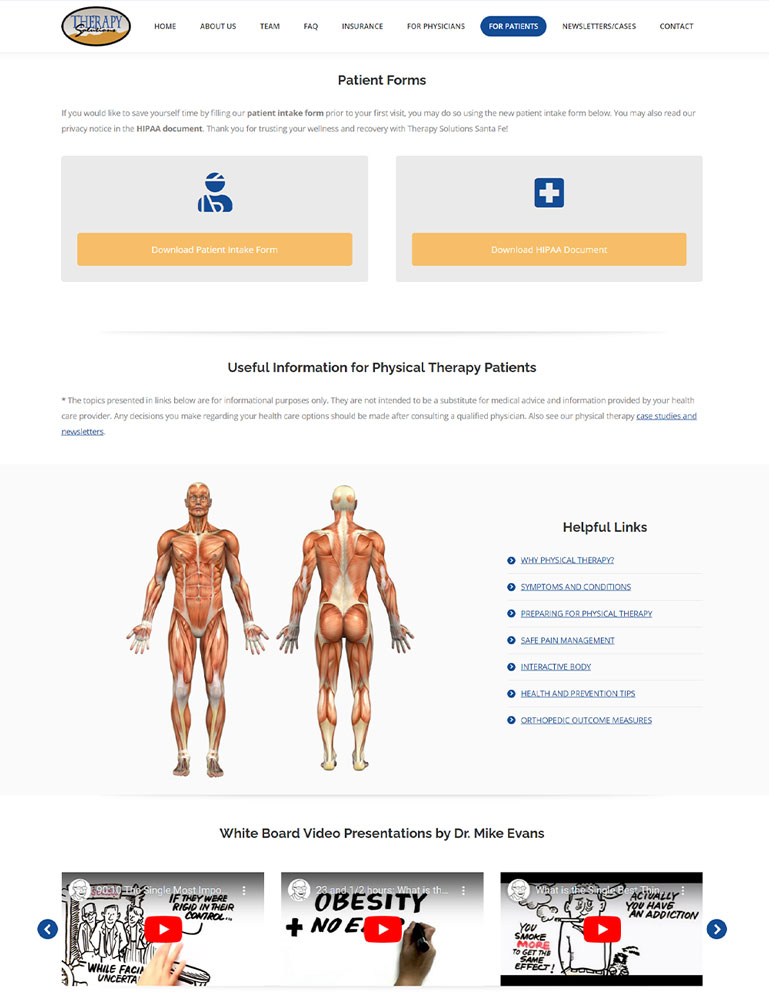 Screenshot of Therapysolutionssantafe.com's patient resources page for Boheema.com’s web design portfolio
