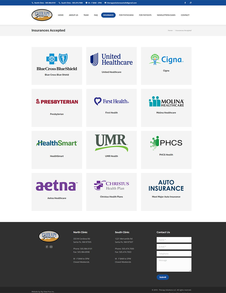 Screenshot of Therapysolutionssantafe.com's insurance page for Boheema.com’s web design portfolio