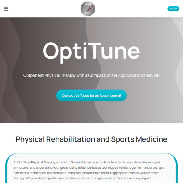 Home page of OptiTune Physical Therapy's website with physical rehabilitation services and appointment calls-to-action