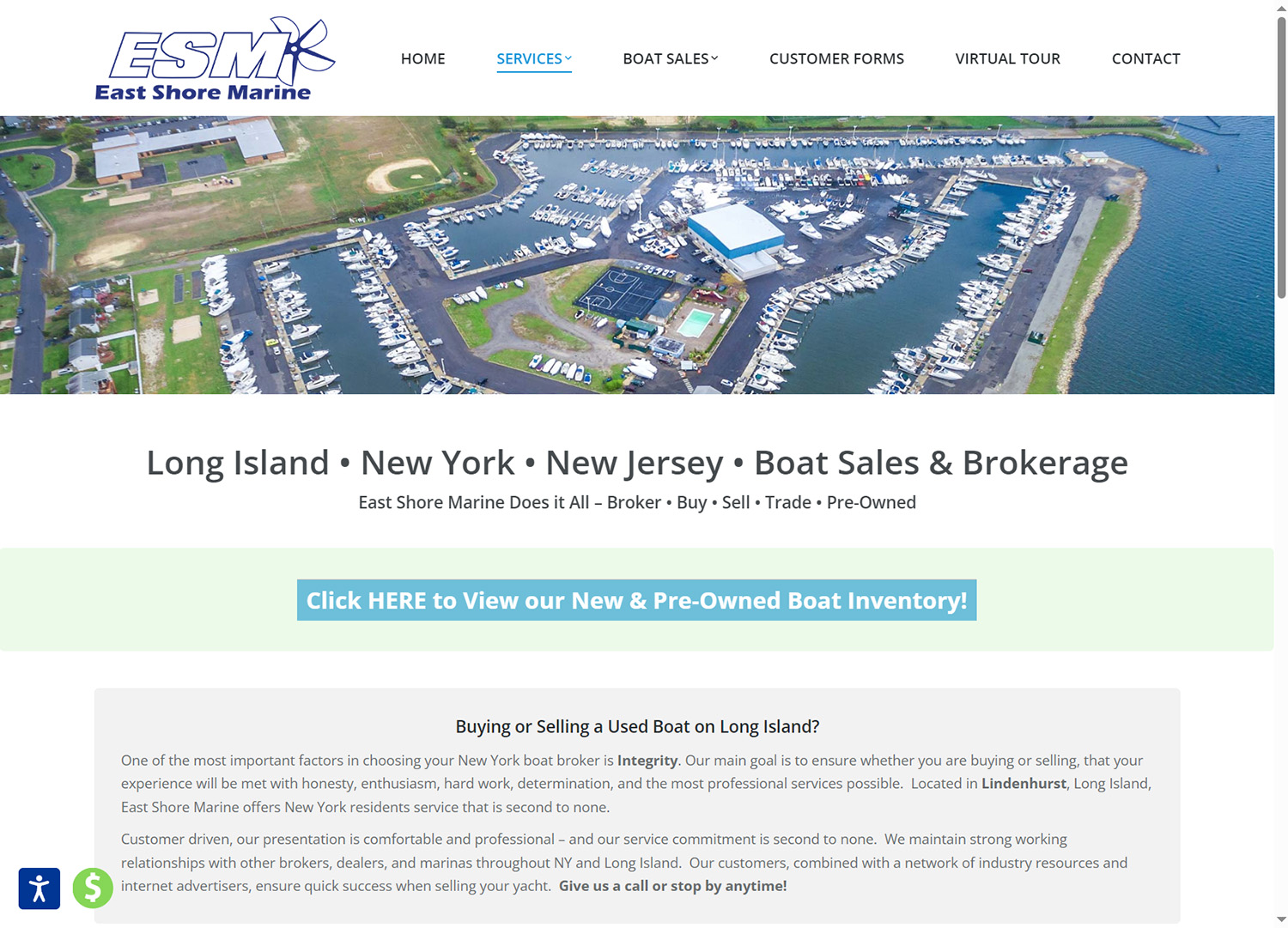 Screenshot of the boat sales and brokerage page on the East Shore Marine website.
