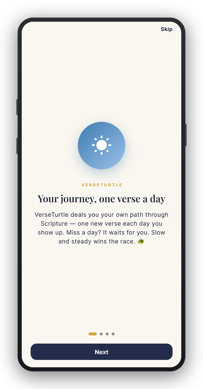 VerseTurtle onboarding screen introducing the daily-verse journey