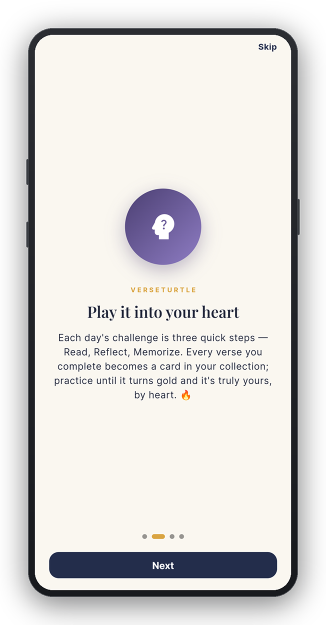 VerseTurtle onboarding screen encouraging a heartfelt daily reading habit