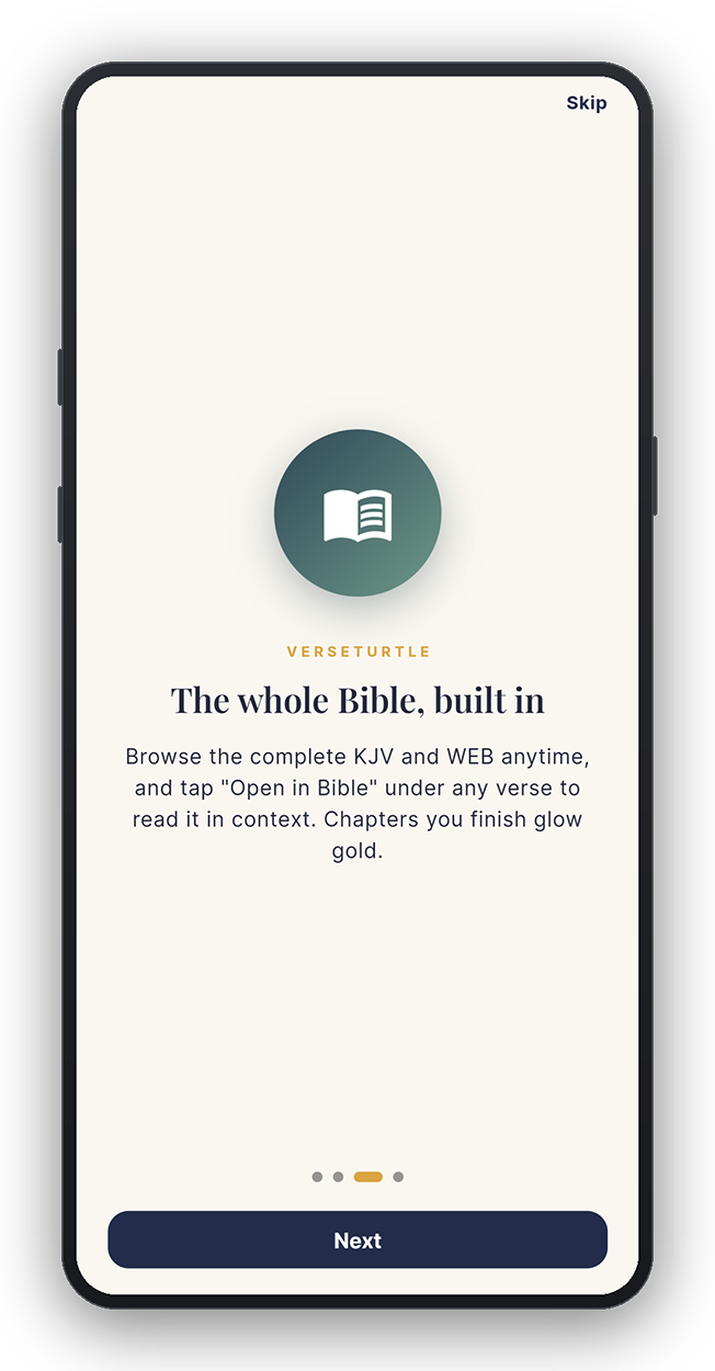 VerseTurtle onboarding screen for choosing a Bible translation