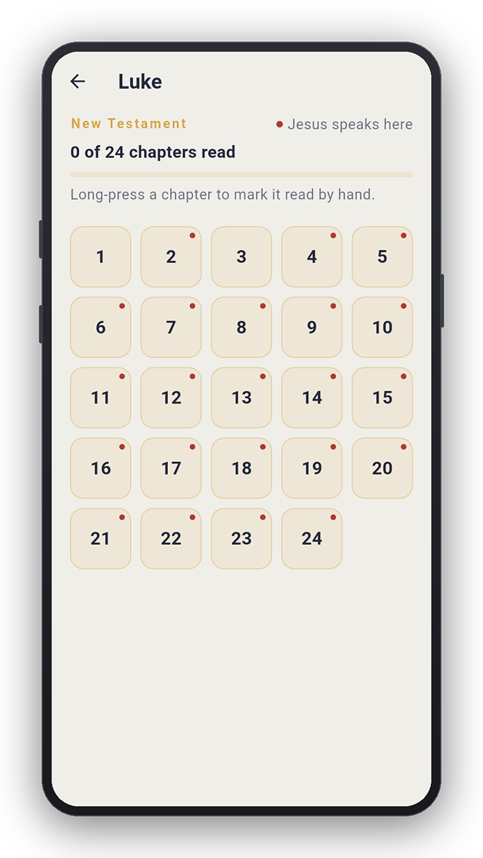 VerseTurtle screen with chapter markers for navigating a book of the Bible