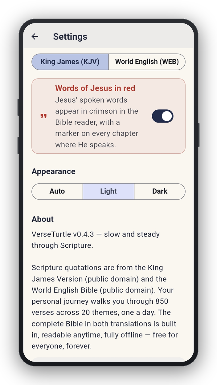 VerseTurtle settings screen with app preferences