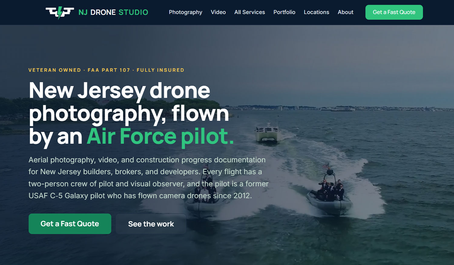 NJ Drone Studio home page hero with the headline New Jersey drone photography, flown by an Air Force pilot, set over an aerial of a boat on open water, designed by Boheema