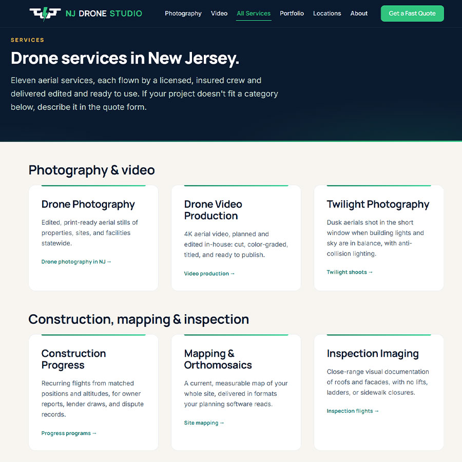 Drone services page on NJDroneStudio.com with cards for drone photography, video production, twilight photography, construction progress, mapping, and inspection imaging