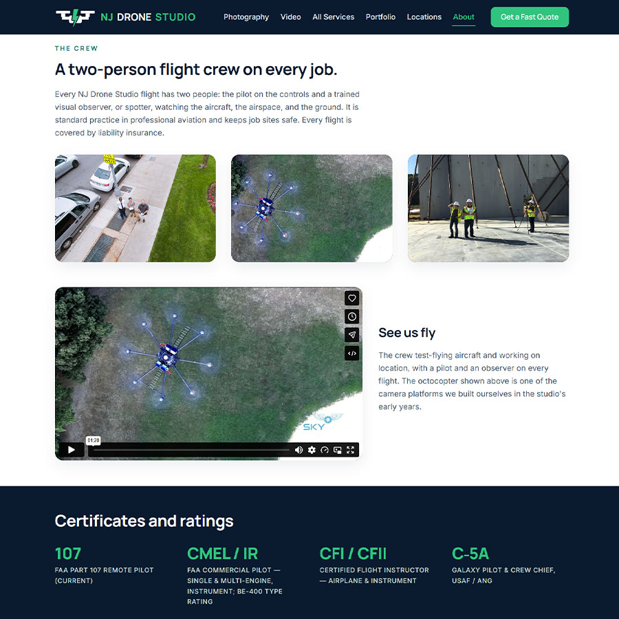 About page on NJDroneStudio.com showing the two-person flight crew on location, an embedded flight video, and the pilot's certificates and ratings