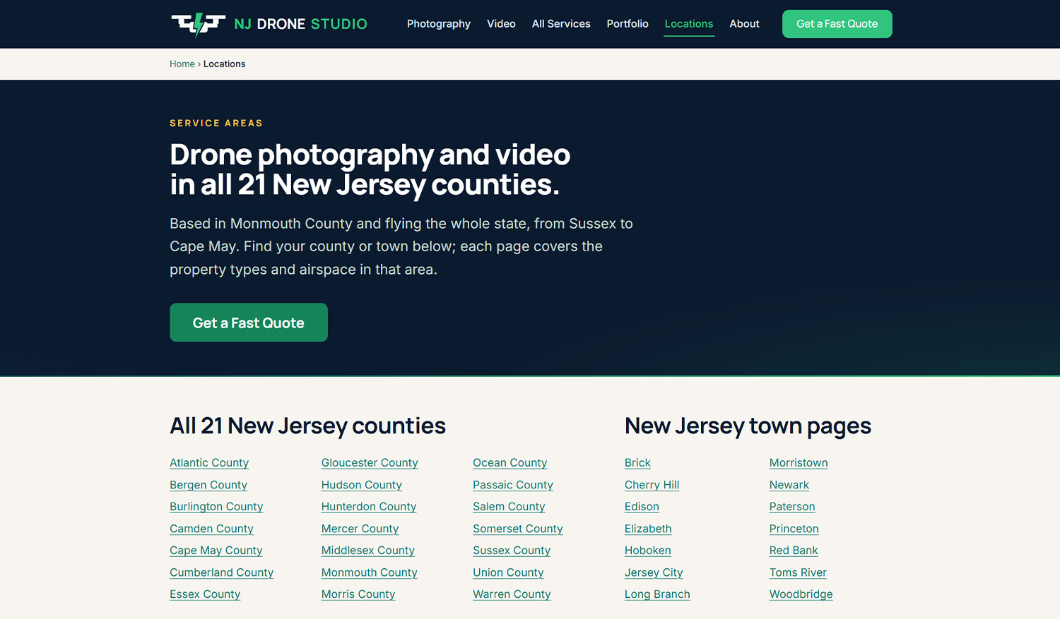 Locations hub on NJDroneStudio.com listing all 21 New Jersey county pages alongside the New Jersey town pages