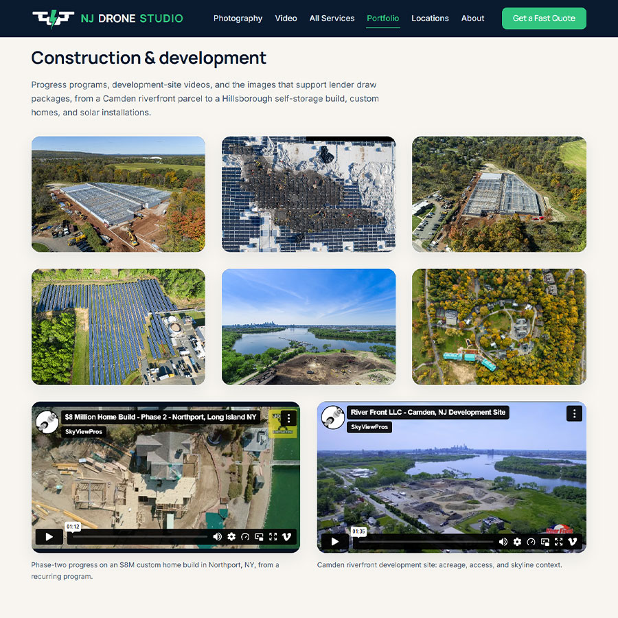 Portfolio page on NJDroneStudio.com with a grid of construction and development aerials and two embedded progress-flyover videos