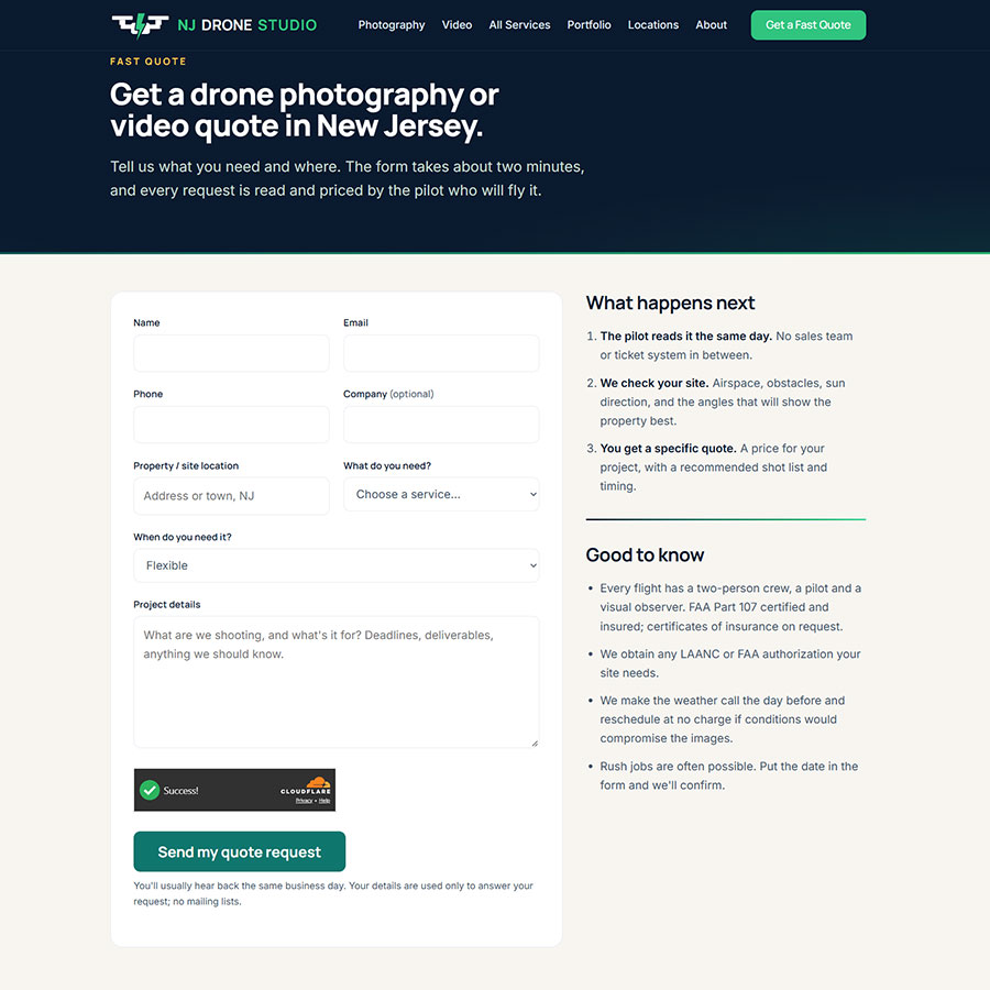 Quote request page on NJDroneStudio.com with the drone photography and video quote form and a What happens next panel