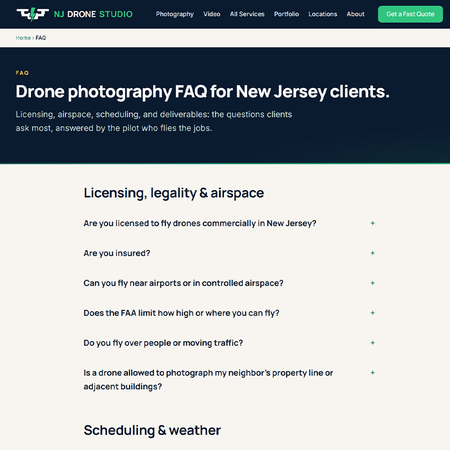 FAQ page on NJDroneStudio.com with accordion questions on commercial licensing, insurance, airspace, and flying near property lines