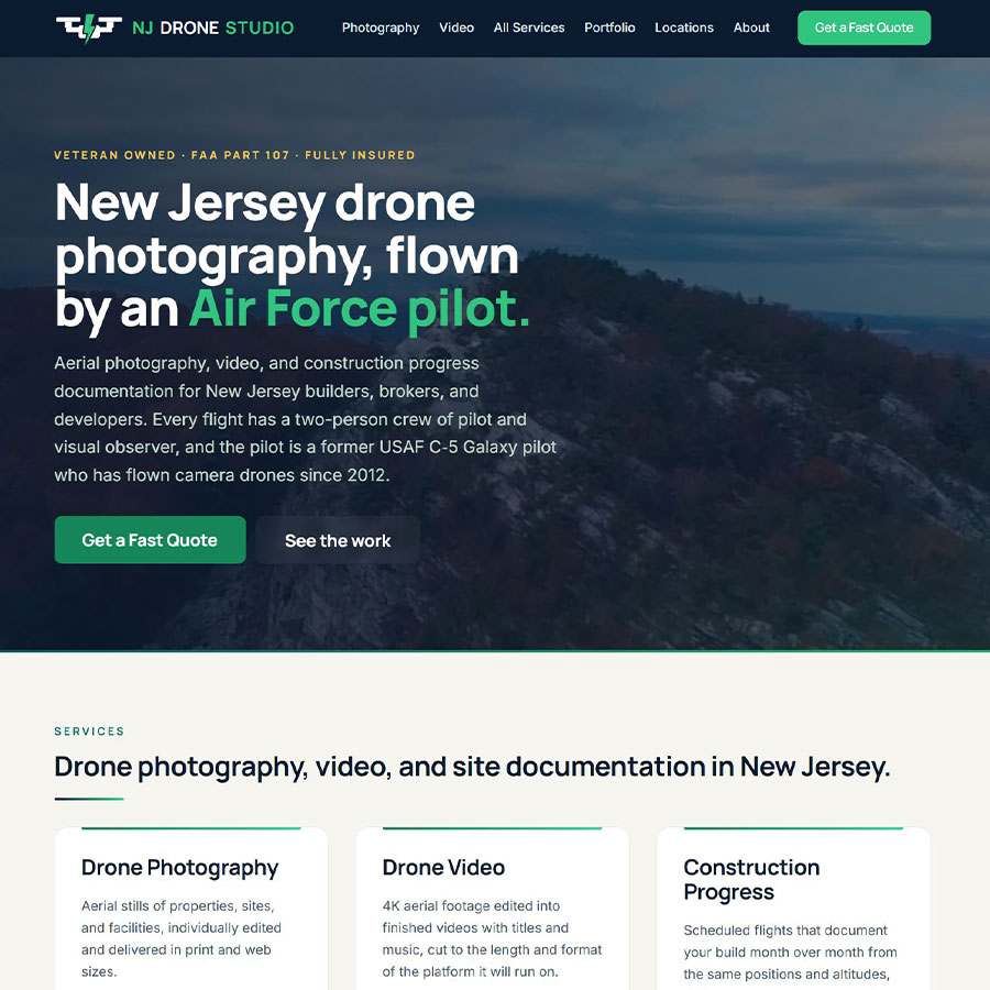 Square view of the NJDroneStudio.com home page: Air Force pilot headline over an aerial of a wooded ridge, with drone photography, drone video, and construction progress service cards below, designed by Boheema