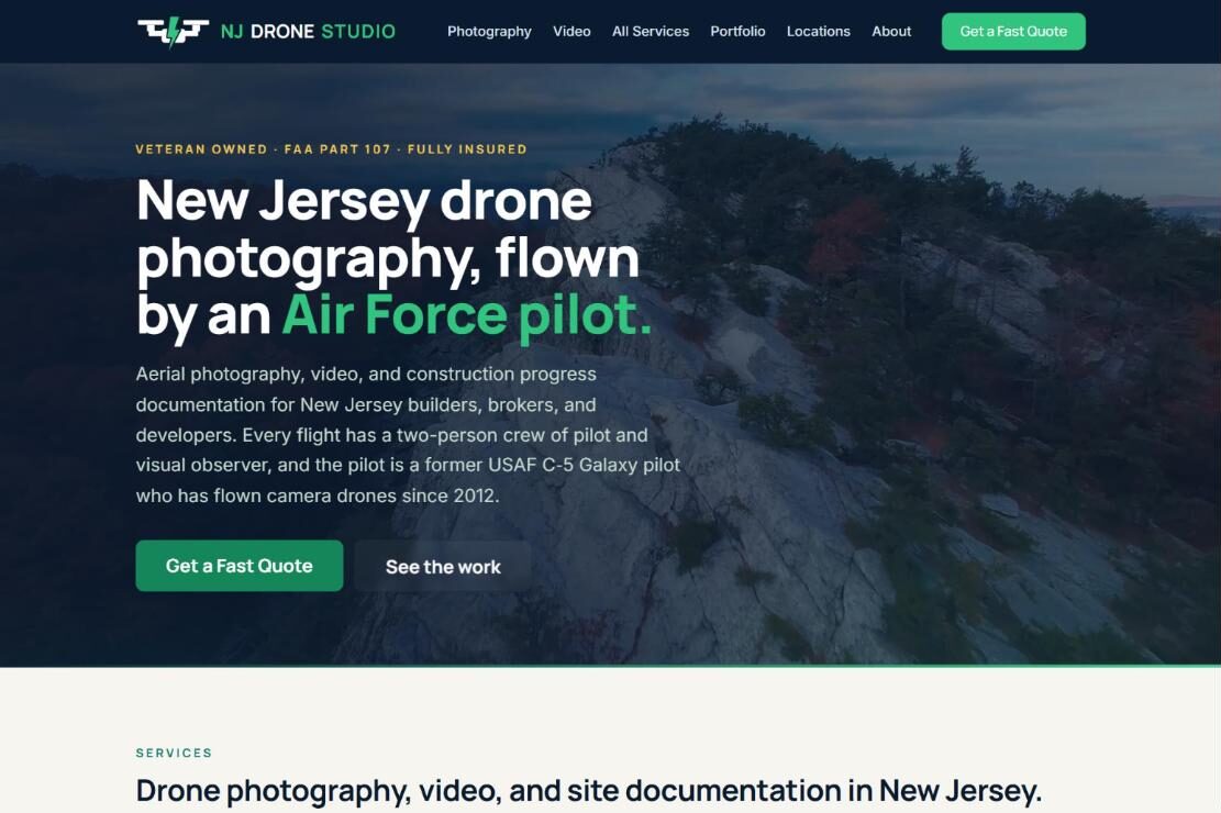NJ Drone Studio home page with the headline “New Jersey drone photography, flown by an Air Force pilot” over an aerial view of a rocky, wooded ridge