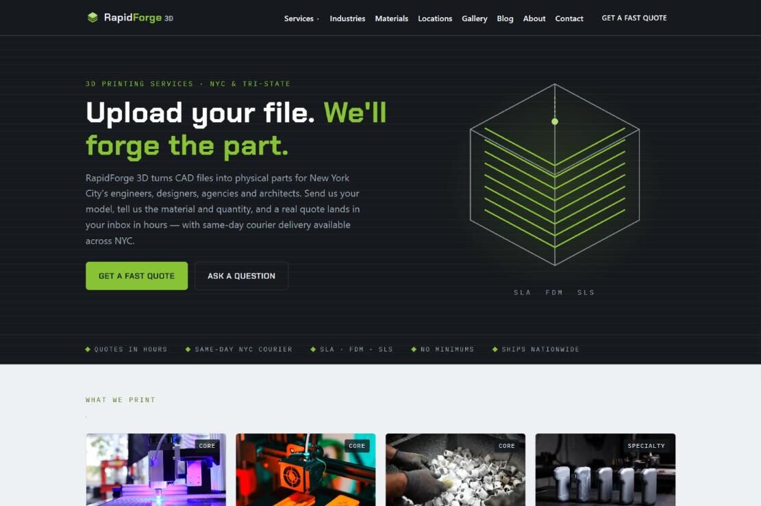 RapidForge 3D home page with the headline “Upload your file. We’ll forge the part.” beside a green wireframe cube graphic