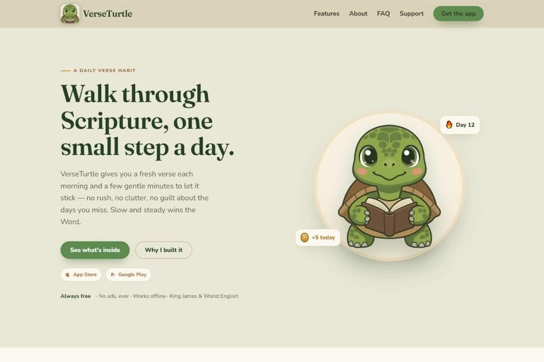 VerseTurtle home page showing a cartoon turtle reading a book next to the headline “Walk through Scripture, one small step a day.”