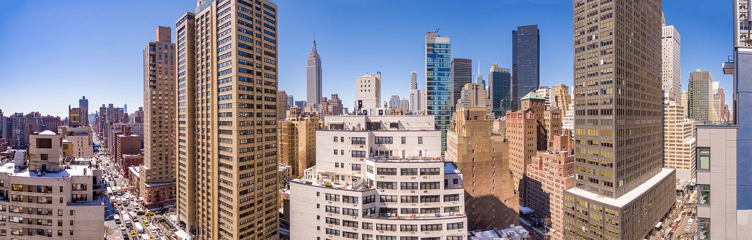 Panoramic drone photo of the view from a penthouse apartment in NYC